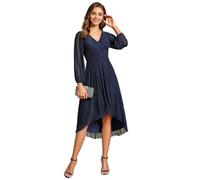 Ever-Pretty Women's Elegant Long Sleeves V Neck High-Low Chiffon A Line Pleated Glitter Wedding Guest Dress Navy Blue 18UK