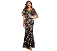 Ever-Pretty Women's Elegant Mermaid Ruffle Sleeve V Neck Shiny Maxi Bridesmaid Dresses Black Gold 14UK