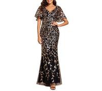 Ever-Pretty Women's Elegant Mermaid Ruffle Sleeve V Neck Shiny Maxi Bridesmaid Dresses Black Gold 18UK