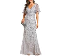 Ever-Pretty Women's Elegant Mermaid Ruffle Sleeve V Neck Shiny Maxi Bridesmaid Dresses Silver 12UK