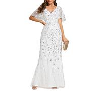 Ever-Pretty Women's Elegant Mermaid Ruffle Sleeve V Neck Shiny Maxi Bridesmaid Dresses White 12UK
