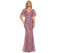 Ever-Pretty Women's Elegant Mermaid Ruffle Sleeve V Neck Shiny Maxi Cocktail Dresses Orchid 16UK