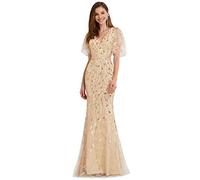 Ever-Pretty Women's Elegant Mermaid Ruffle Sleeve V Neck Shiny Maxi Evening Dresses Gold 24UK