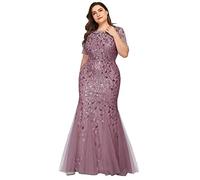 Ever Pretty Women's Elegant O Neck Short Sleeve Floor Length Mermaid Embroidery with Sequin Plus Size Prom Dresses Orchid 18UK