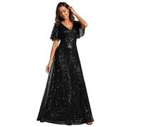 Ever-Pretty Women's Elegant Sequin Short Ruffle Sleeve Embroidery A-Line Evening Dress Formal Wedding Maxi Dress Black 18UK