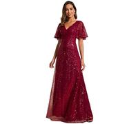 Ever-Pretty Women's Elegant Sequin Short Ruffle Sleeve Embroidery A-Line Evening Dress Formal Wedding Maxi Dress Burgundy 18UK