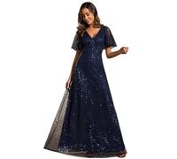 Ever-Pretty Women's Elegant Sequin Short Ruffle Sleeve Embroidery A-Line Evening Dress Formal Wedding Maxi Dress Navy Blue 10UK