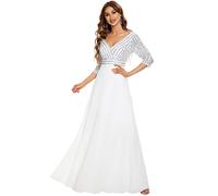 Ever-Pretty Women's Elegant V Neck Floor Length A Line Empire Chiffon with Sequin Wedding Party Dresses White 24UK