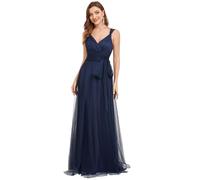 Ever-Pretty Women's Elegant V Neck Sash Waist A-Line Maxi Tulle Evening Dress Navy Blue Bridesmaids Dresses 24UK