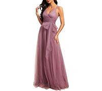 Ever-Pretty Women's Elegant V Neck Sash Waist A-Line Maxi Tulle Prom Dress Dusty Pink Bridesmaids Dresses 8UK