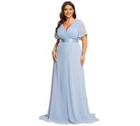 Ever-Pretty Women's Elegant V-Neck Short Sleeves Empire Waist Floor Length Plus Size Evening Dresses Ice Blue 18UK