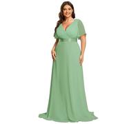 Ever-Pretty Women's Elegant V-Neck Short Sleeves Empire Waist Floor Length Plus Size Evening Dresses Light Sage Green 18UK