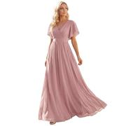 Ever-Pretty Women's Empire Waist V Neck Short Sleeve Floor Length Chiffon Evening Dresses Dusty Rose 20UK