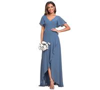 Ever-Pretty Women's Evening Gowns Chiffon V Neck Floor Length Asymmetrical Ruffle Sleeves Dusty Navy 20