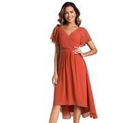 Ever-Pretty Women's Formal Wedding Guest Dress V-Neck Ruffle Sleeve Chiffon Gown with Flowy High-Low Hem in Bridesmaid Prom Burnt Orange 14