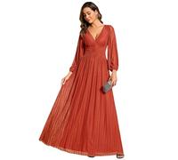 Ever-Pretty Women's Glitter A Line V Neck Pleated Long Sleeve Evening Dress Burnt Orange 14UK