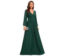 Ever-Pretty Women's Glitter A Line V Neck Pleated Long Sleeve Evening Dress Dark Green 28UK