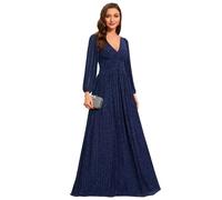 Ever-Pretty Women's Glitter A Line V Neck Pleated Long Sleeve Evening Dress Navy Blue 26UK