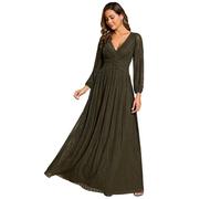 Ever-Pretty Women's Glitter A Line V Neck Pleated Long Sleeve Evening Dress Olive Green 26UK