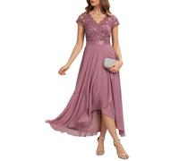 Ever-Pretty Women's Lace Chiffon Wedding Guest Dress Sequin V-Neck High-Low Midi Gown for Prom Bridesmaid Orchid 22
