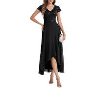 Ever-Pretty Women's Lace Chiffon Wedding Guest Dress Sequin V-Neck High-Low Midi Gown for Prom Bridesmaid Black 10UK