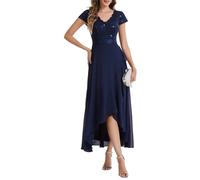 Ever-Pretty Women's Lace Chiffon Wedding Guest Dress Sequin V-Neck High-Low Midi Gown for Prom Bridesmaid Navy Blue 8UK