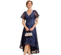 Ever-Pretty Women's Lace Embroidered Midi Wedding Guest Dress V-Neck Short Sleeve High-Low Hem Evening Gowns Navy Blue 16