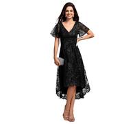 Ever-Pretty Women's Lace Embroidered Midi Wedding Guest Dress V-Neck Short Sleeve High-Low Hem Evening Gowns Black 14