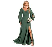 Ever-Pretty Women's Long Sleeves V-Neck A Line Thigh High Slit Chiffon Wedding Bridesmaid Evening Long Maxi Dress Eucalyptus Green 10UK