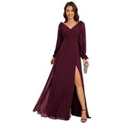 Ever-Pretty Women's Long Sleeves V-Neck Off Shoulder A Line Thigh High Slit Chiffon Floor Length Bridesmaid Dresses Mulberry 18