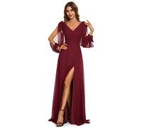 Ever-Pretty Women's Long Sleeves V-Neck Off Shoulder A Line Thigh High Slit Chiffon Floor Length Evening Gowns Dresses Burgundy 14UK