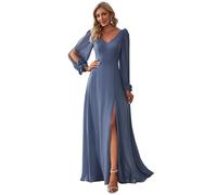 Ever-Pretty Women's Long Sleeves V-Neck Off Shoulder A Line Thigh High Slit Chiffon Floor Length Prom Evening Dresses Denim Blue 12UK