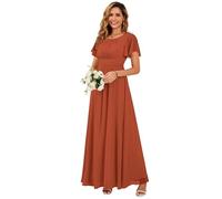 Ever-Pretty Women's Maxi Bridesmaid Dress with Ruffles Sleeve Pleated Elegant Chiffon Burnt Orange