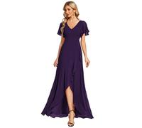 Ever-Pretty Women's Maxi Cocktail Dress Chiffon V Neck Empire Waist Ruffle Sleeves Dark Purple 14