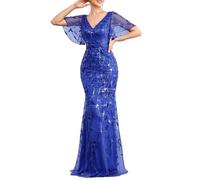 Ever-Pretty Women's Maxi Elegant Mermaid Ruffle Sleeve V Neck Shiny Sexy Bridesmaid Long Dresses Sapphire Blue 16UK