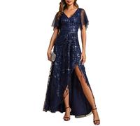 Ever-Pretty Women's Maxi Evening Dresses Sequin Embroidered Double V Prom Dress with Ruffles Sleeve Bridesmaid High-Low Dress Navy Blue 20UK