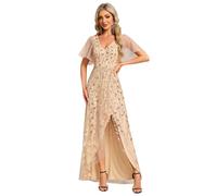 Ever-Pretty Women's Maxi Evening Dresses Sequin Embroidered Double V Prom Dress with Ruffles Sleeve Bridesmaid High-Low Dress Gold 8UK