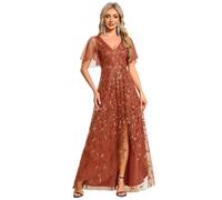 Ever-Pretty Women's Maxi Evening Dresses Sequin Embroidered Double V Prom Dress with Ruffles Sleeve Bridesmaid High-Low Dress Burnt Orange 14UK