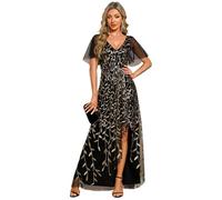 Ever-Pretty Women's Maxi Evening Dresses Sequin Embroidered Double V Prom Dress with Ruffles Sleeve Bridesmaid High-Low Dress Black Gold 26UK