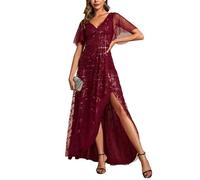 Ever-Pretty Women's Maxi Evening Dresses Sequin Embroidered Double V Prom Dress with Ruffles Sleeve Bridesmaid High-Low Dress Burgundy 30UK