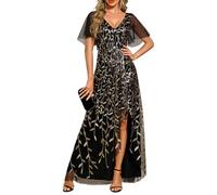 Ever-Pretty Women's Maxi Evening Dresses Sequin Embroidered Double V Prom Dress with Ruffles Sleeve Bridesmaid High-Low Dress Black Gold 18UK