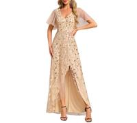 Ever-Pretty Women's Maxi Evening Dresses Sequin Embroidered Double V Prom Dress with Ruffles Sleeve Bridesmaid High-Low Dress Gold 22UK