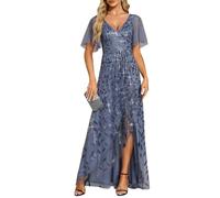Ever-Pretty Women's Maxi Evening Dresses Sequin Embroidered Double V Prom Dress with Ruffles Sleeve Bridesmaid High-Low Dress Dusty Blue 14UK