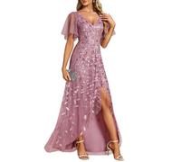 Ever-Pretty Women's Maxi Evening Dresses Sequin Embroidered Double V Prom Dress with Ruffles Sleeve Bridesmaid High-Low Dress Orchid 20UK
