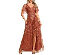Ever-Pretty Women's Maxi Evening Dresses Sequin Embroidered Double V Prom Dress with Ruffles Sleeve Bridesmaid High-Low Dress Burnt Orange 18UK
