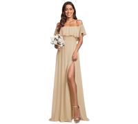 Ever-Pretty Women's Maxi Off The Shoulder Prom Bridesmaid Dress with Thigh High Slit Champagne 8UK