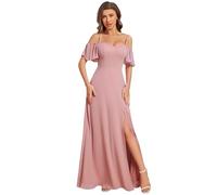 Ever-Pretty Women's Maxi Ruffles One Shoulder Short Sleeve Empire Waist A Line Chiffon Bridesmaid Dresses with Side Slit Dusty Rose 22UK