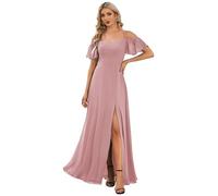 Ever-Pretty Women's Maxi Ruffles One Shoulder Short Sleeve Empire Waist A Line Chiffon Bridesmaid Dresses with Side Slit Dusty Rose 20UK