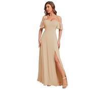 Ever-Pretty Women's Maxi Ruffles One Shoulder Short Sleeve Empire Waist A Line Chiffon Bridesmaid Dresses with Side Slit Champagne 16UK