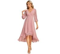 Ever-Pretty Women's Midi Chiffon V Neck 3/4 Sleeves Pleated High-Low A-Line Knee Length Wedding Guest Dress Dusty Rose 10UK